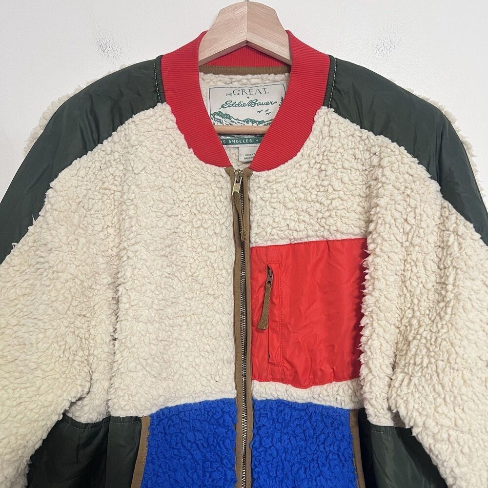 THE GREAT x Eddie Bauer Colorblock Sherpa Fleece Jacket Women’s L Zip Up Outdoor - Picture 3 of 9